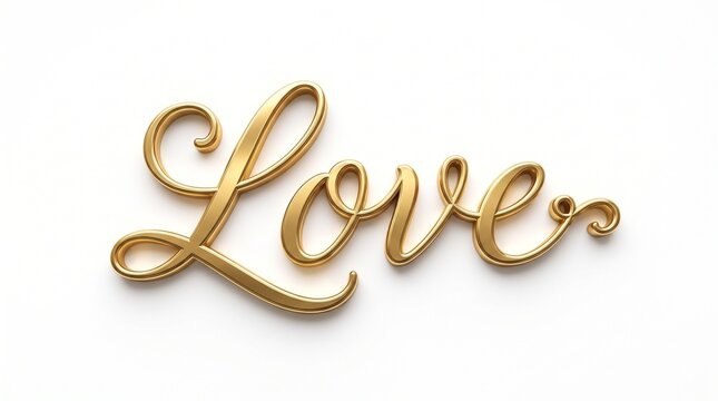 Golden love word in elegant cursive script, metallic gold lettering on white background, luxury romantic typography for wedding and valentines