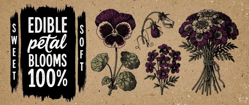 Hand-drawn botanical illustration of edible flowers on kraft paper. Vintage style sketches of pansies and violets with rustic typography. Organic culinary theme for eco-friendly food branding.