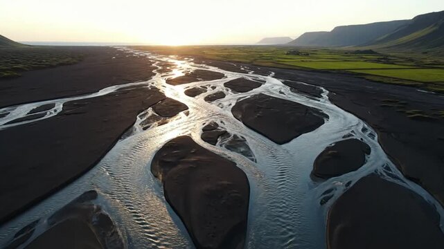 Aerial view of a braided river at sunset in Iceland, flowing through black sand and lush green fields
