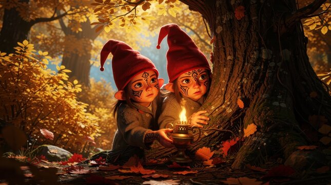 Two gnomes with red hats hiding behind a tree in an autumn forest. Fantasy characters holding a lantern in golden sunlight. Whimsical fairytale concept for children's book and fantasy marketing.