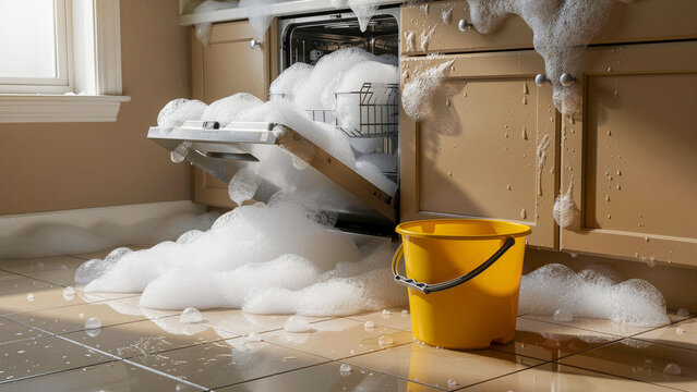Broken dishwasher overflowing with foam in a kitchen. Bubbles and water flooding the floor near a bucket. Appliance failure concept for insurance and plumbing services.