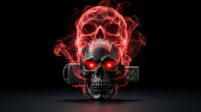 Cybercrime ransomware attacks concept with skull shaped USB flash drive and red glowing eyes surrounded by digital smoke on black background