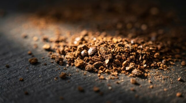 Closeup pile of coarse ground coffee on textured dark plate