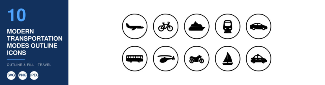 Transportation Modes Outline Icons Set Featuring Airplane, Bicycle, Train, Bus, Car, Motorcycle, Scooter, and More Travel Symbols