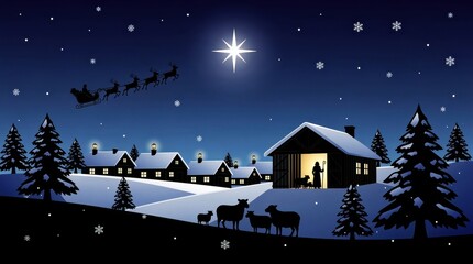 Naklejka premium Santa sleigh flying over a snowy village under a bright star. Shepherd and sheep silhouetted against a winter night sky. Christmas and Nativity theme ideal for seasonal marketing and cards.