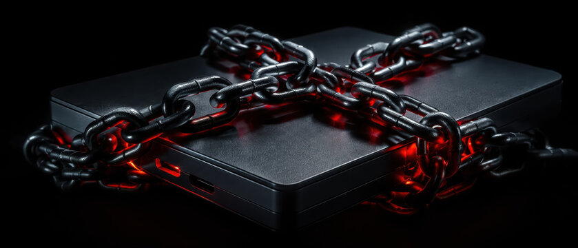 Ransomware attacks cause cybercrime by locking devices with chains symbolizing restricted access and digital threats in dark environment