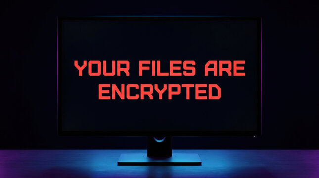 Your files are encrypted message computer screen represents cybercrime and ransomware attacks causing data loss and security threats digital