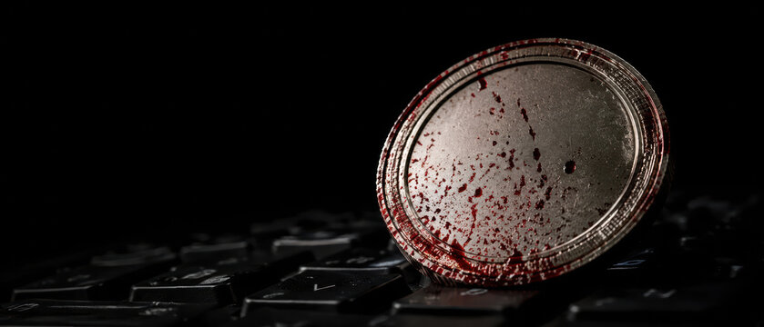 Coin with blood splatter on keyboard symbolizes cybercrime and ransomware attacks causing digital damage and financial loss in dark setting