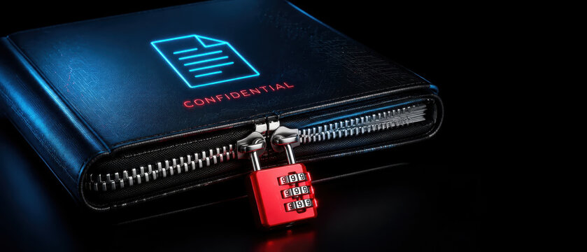 Confidential document protection with locked zipper folder symbolizes cybercrime and ransomware attacks threatening data security and privacy