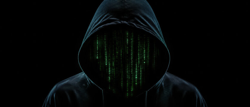 Hacker in dark hoodie with digital code face represents cybercrime and ransomware attacks threatening online security and data protection
