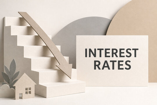 Minimal paper craft scene with descending stairs, downward arrow, house icon, and interest rates sign illustrating lower borrowing costs.