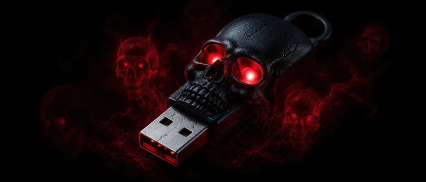 USB drive with skull design and glowing red eyes symbolizes cybercrime and ransomware attacks in dark digital threat concept