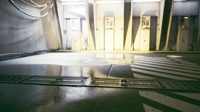 Empty wet crosswalk reflecting warm light and puddles, doorway shadows and rail seams form cinematic urban composition, subtle signs of recent maintenance