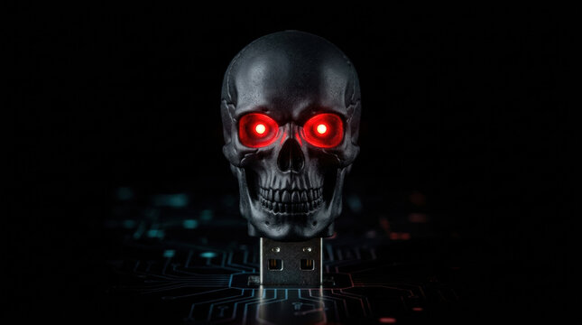 Cybercrime threat concept with skull USB device and glowing red eyes symbolizing ransomware attacks and digital security risks
