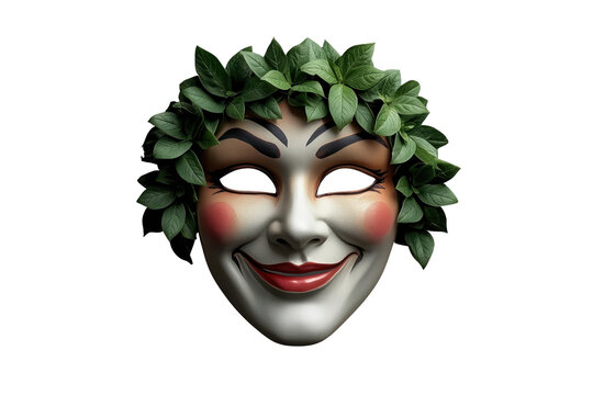 White smiling decorative face mask framed by dark green foliage