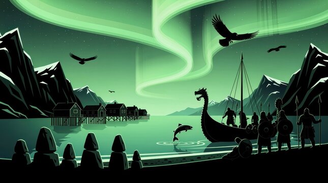 Viking longship arriving at coastal village under northern lights. Warriors gather on shore with shields and spears near mountains and soaring eagles. Norse mythology flat vector illustration.