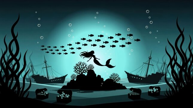 Silhouette of a mermaid swimming in a deep underwater scene. Sunken ships, treasure chests, and schools of fish surround the figure. Fantasy adventure concept for mythical ocean storytelling.