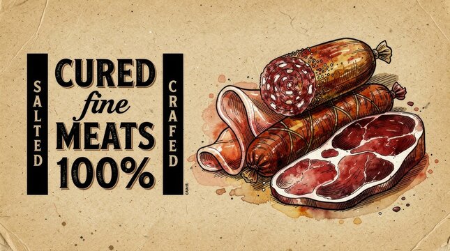 Vintage illustration of cured meats like salami, ham, and steak. Hand-drawn watercolor sketch on rustic paper with bold typography. Gourmet deli concept for menu design and food marketing.