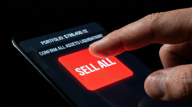 Finger pressing sell all button on smartphone screen unsustainable investment decision in finance