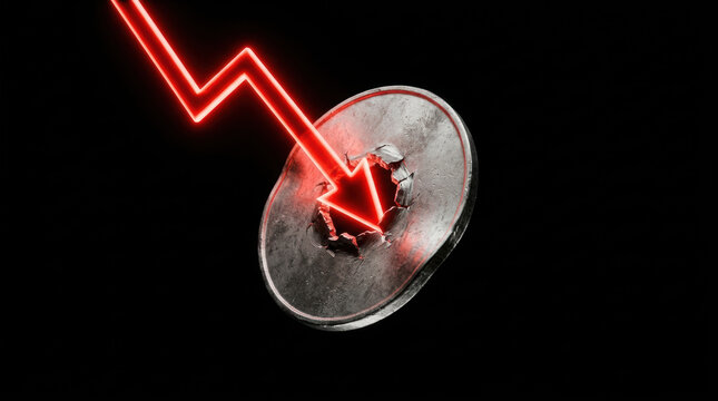 Red arrow piercing metal coin symbolizes unsustainable investment leading to financial decline and economic instability in dark background