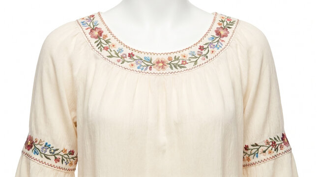 Elegant peasant blouse with floral embroidery and intricate neckline design. Peasant blouse features delicate patterns with colorful flowers along neckline and sleeves,
