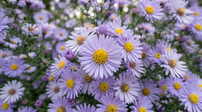 Beautiful blooming purple aster flowers in a garden during a bright sunny autumn afternoon day.