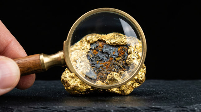 Gold nugget magnifying glass mineral hand black background close up natural rough shiny metal geology exploration valuable wealth investment