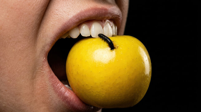 Person biting yellow apple with black worm on it showing unsustainable investment in food quality and safety concerns