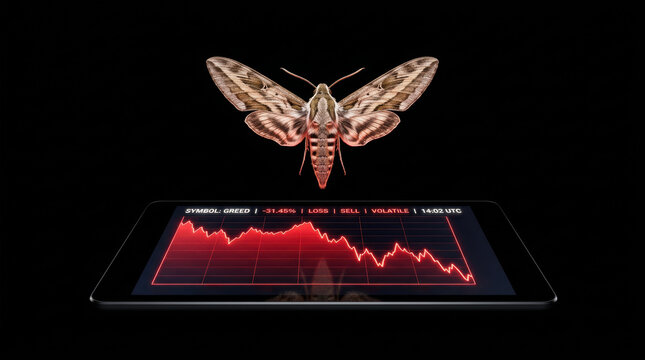 Investment unsustainable stock market financial loss tablet moth digital screen decline volatility risk technology business economy trading graph