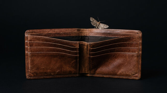 Open wallet brown leather moth insect dark background empty wallet vintage style close up texture no money isolated object fashion accessory