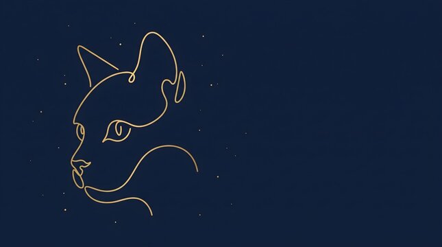Minimalist cat head continuous line art vector illustration outline. Elegant pet profile design. Gold and navy blue astronomy zoo theme. Modern animal portrait.