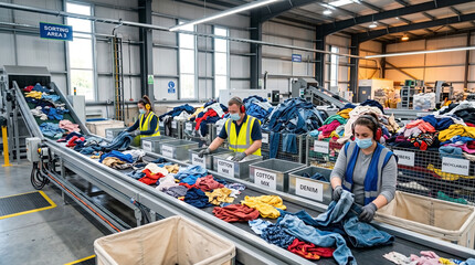 Naklejka premium Recycling textile waste sorting facility with workers sorting clothes on conveyor belts. Textile waste sorting includes various garments like shirts, pants,