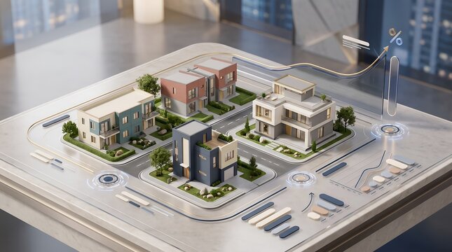 Proptech real estate valuation model showing isometric suburban houses on digital interface with market analysis charts and investment data
