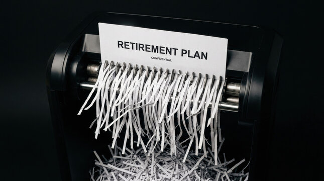 Retirement plan document being shredded paper shredder representing unsustainable investment risk and financial destruction business or personal