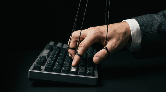 Unsustainable investment concept with hand controlled by strings pressing buy key on keyboard symbolizing manipulation and control