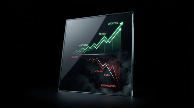 Investment growth and profit success contrast with unsustainable crash loss and bankruptcy reality in this financial concept illustration