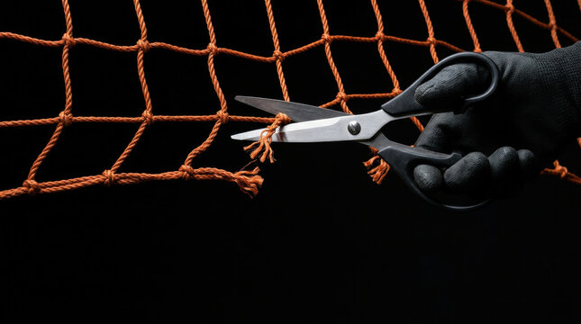 Cutting orange rope net with scissors held by hand in black glove on black background symbolizes unsustainable investment risk and loss
