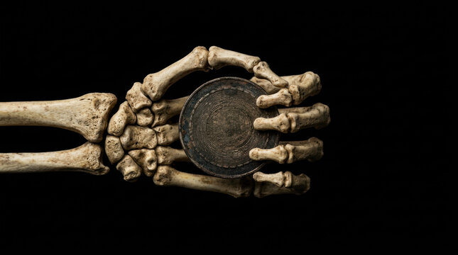 Skeleton hand holding old coin on black background unsustainable investment concept