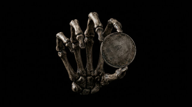 Skeleton hand holding a rusty coin on black background with unsustainable investment concept in eerie dark style