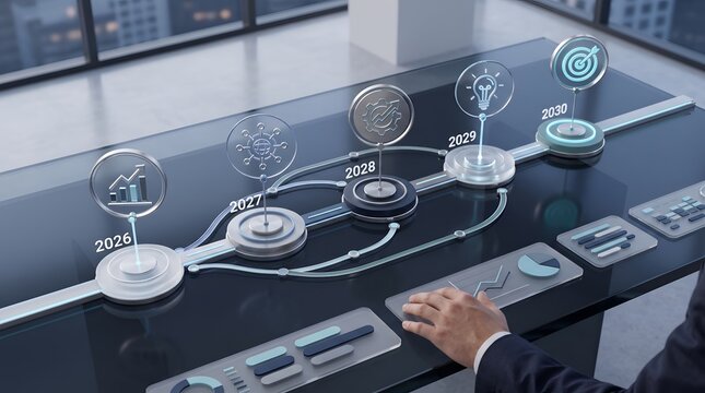Strategic business planning roadmap towards 2030 showing corporate executive analyzing futuristic timeline dashboard with digital milestones