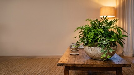Fototapeta premium Sage green plant arrangement on coffee table with warm ambient light and generous copy space for lifestyle magazine covers