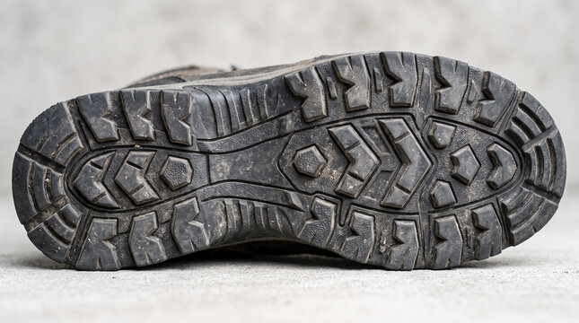 Bottom view of rugged hiking boot sole showing detailed traction pattern and worn surfaces. Hiking boot sole exhibits durability and grip essential for outdoor activities.