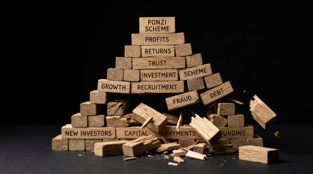 Ponzi scheme investment shows unsustainable growth with broken wooden blocks representing debt fraud and unstable payments in collapsing structure