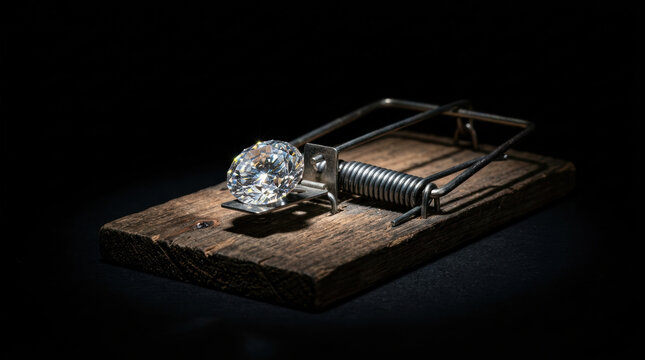 Sparkling diamond placed on wooden mousetrap symbolizes risk of unsustainable investment and potential danger of greed