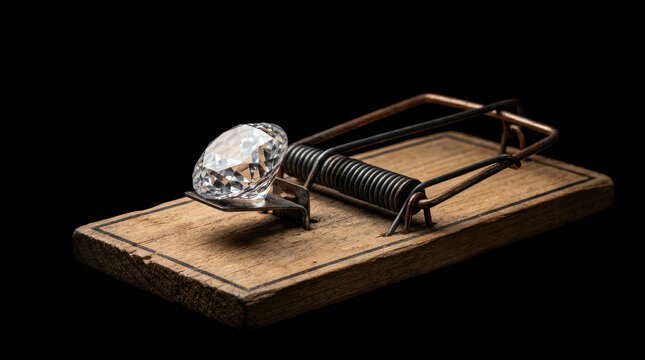 Wooden mousetrap with sparkling diamond as bait symbolizes risk of unsustainable investment that can lead to financial traps and losses