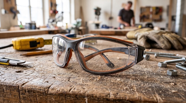 Protective safety glasses on rustic wooden workbench, with various tools, nuts, and bolts in a bustling workshop. Essential safety glasses for craftsman working in background.