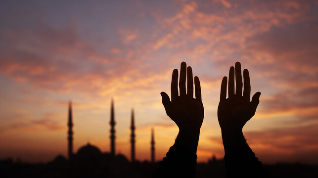Silhouette of hands raised in prayer against a beautiful sunset sky and mosque background.
