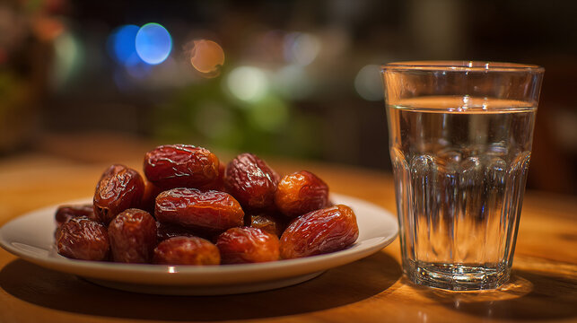 A plate of sweet dates and a glass of water on a table for Ramadan Iftar.