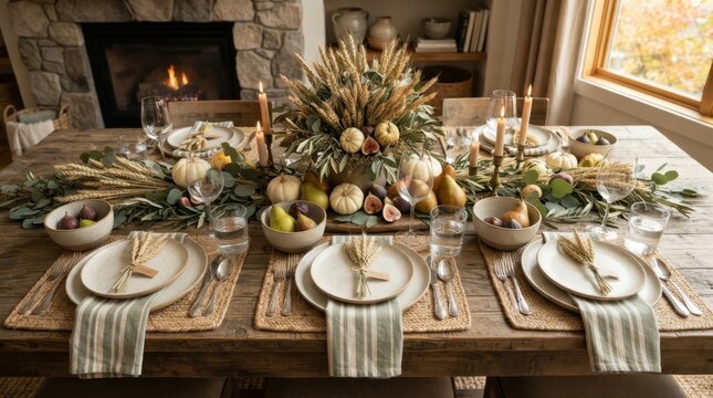 Elegant autumn harvest table setting with pumpkins, pears, and figs