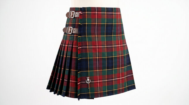 Scottish tartan kilt featuring clan pattern with stylish buckles and pleats. Traditional Scottish attire showcases vibrant colors and detailed textile craftsmanship. Ideal for cultural events,